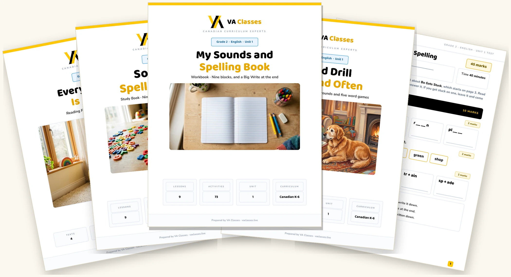 The five documents of Unit 1 of the Grade 2 English pack, side by side: the Reading File, Study Book, Workbook, Skills Drill and Unit Test