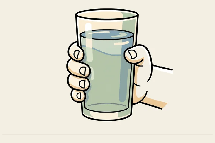 A hand wrapped around a tall glass of water, fingers gripping.
