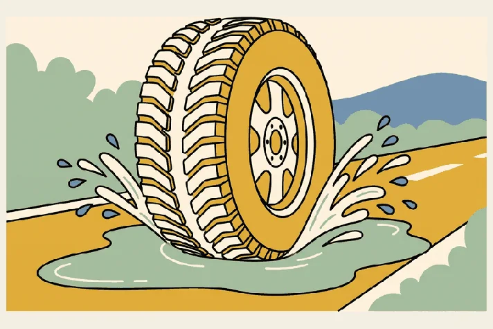 A car tyre with deep tread rolling through a puddle, throwing water out sideways.